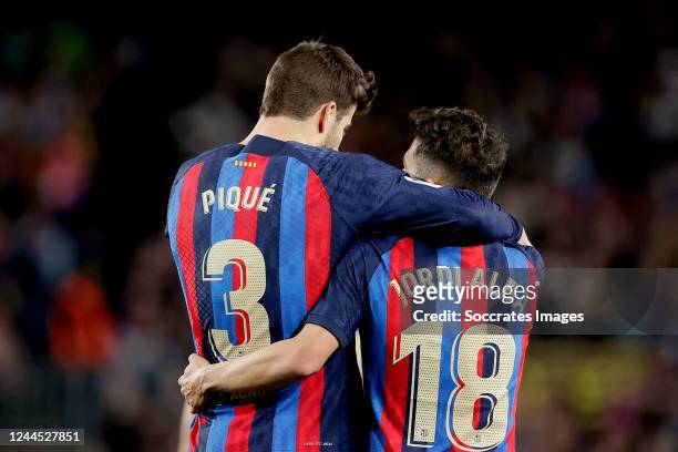 Gerard Pique of FC Barcelona celebrates 1-0 with Jordi Alba of FC Barcelona during the La Liga Santander match between FC Barcelona v UD Almeria at...