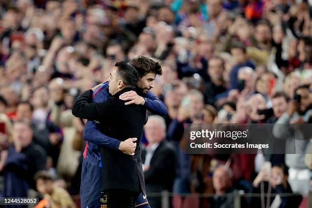 Gerard Pique of FC Barcelona, coach Xavi Hernandez of FC Barcelona during the La Liga Santander match between FC Barcelona v UD Almeria at the...