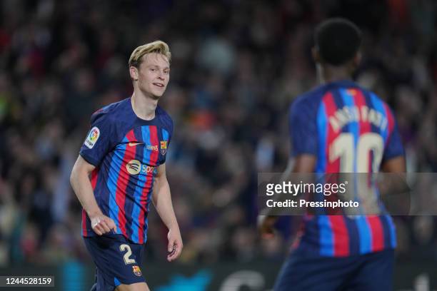 Frenkie de Jong of FC Barcelona celebrates his goal with his teammates during the La Liga match between FC Barcelona and UD Almeria played at Spotify...