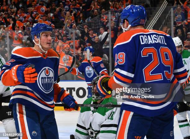 Leon Draisaitl and Tyson Barrie of the Edmonton Oilers celebrate a second period goal against the Dallas Stars during the game on November 05, 2022...