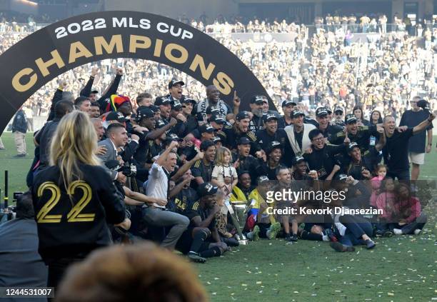 Los Angeles FC players, coaching staff and owners celebrate after defeating the Philadelphia Union in a penalty kick shootout to win the 2022 MLS Cup...