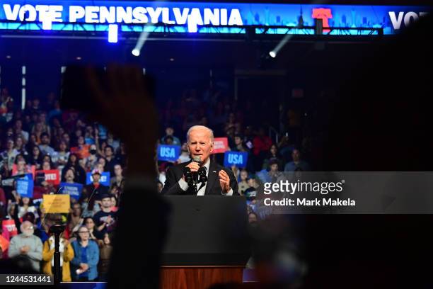 President Joe Biden speaks during a rally for Pennsylvania Democratic Senate nominee John Fetterman and Democratic gubernatorial nominee Josh Shapiro...