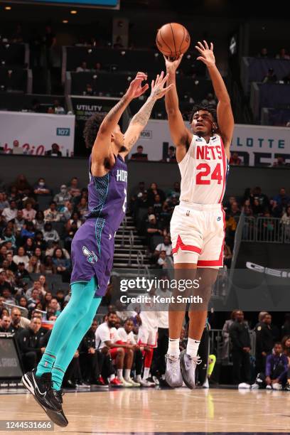 Cam Thomas of the Brooklyn Nets shoots the ball during the game against the Charlotte Hornets on November 5, 2022 at Spectrum Center in Charlotte,...
