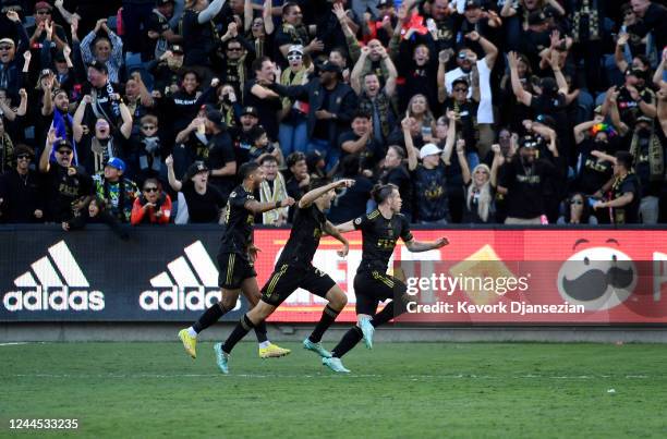 Gareth Bale of Los Angeles FC celebrate his equalizing goal against the Philadelphia Union in extra time with teammates Denis Bouanga and Ryan...