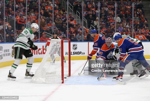 Jason Robertson of the Dallas Stars watches the puck trickle over the line in the second period against the Edmonton Oilers on November 5, 2022 at...