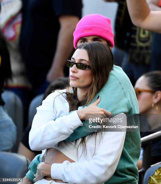 Justin Bieber and Hailey Bieber attend the 2022 MLS Cup Final between Los Angeles FC and Philadelphia Union at Banc of California Stadium on November...