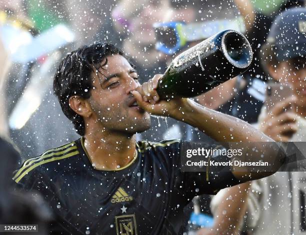 Carlos Vela of Los Angeles FC celebrates after defeating Philadelphia Union in a penalty shootout during the 2022 MLS Cup Final at Banc of California...