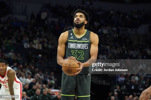 Karl-Anthony Towns of the Minnesota Timberwolves shoots a free throw during the game against the Houston Rockets on November 5, 2022 at Target Center...