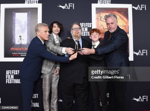 Christoph Waltz, Finn Wolfhard, Guillermo del Toro, Gregory Mann, Mark Gustafson at the AFI Fest screening of Guillermo del Toro's "Pinocchio" held...