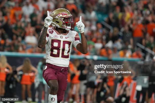 Florida State Seminoles wide receiver Ontaria Wilson celebrates his touchdown during the game between the Florida State Seminoles and the Miami...