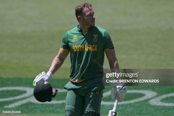 South Africa's David Miller departs after his dismissal during the ICC men's Twenty20 World Cup 2022 cricket match between Netherlands and South...