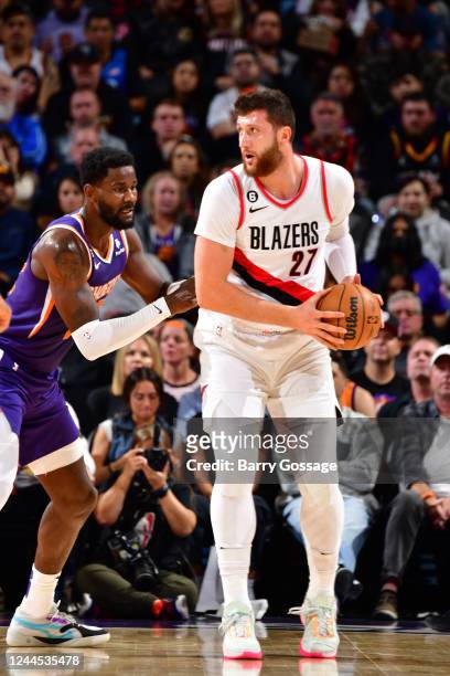 Jusuf Nurkic of the Portland Trail Blazers handles the ball during the game against the Phoenix Suns on November 5, 2022 at Footprint Center in...