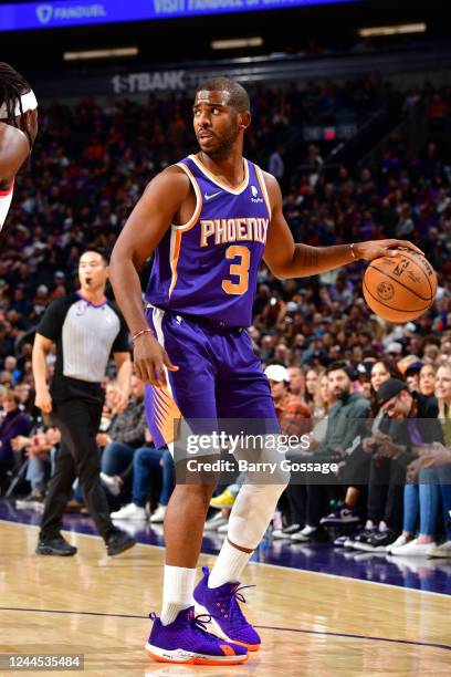 Chris Paul of the Phoenix Suns handles the ball during the game against the Portland Trail Blazers on November 5, 2022 at Footprint Center in...