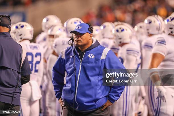 Head Coach Kalani Sitake of the BYU Cougars surveys the field during second half action against the Boise State Broncos at Albertsons Stadium on...