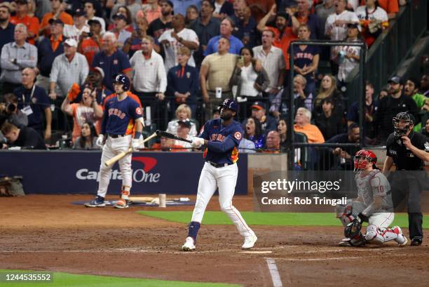 Yordan Alvarez of the Houston Astros hits a three-run home run in the sixth inning of Game 6 of the 2022 World Series between the Philadelphia...