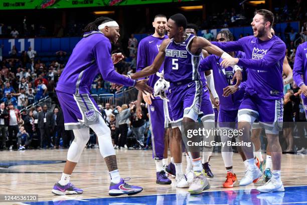 De'Aaron Fox of the Sacramento Kings celebrates after the game against the Orlando Magic onNovember 5, 2022 at Amway Center in Orlando, Florida. NOTE...