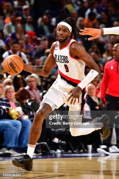 Jerami Grant of the Portland Trail Blazers handles the ball during the game against the Phoenix Suns on November 5, 2022 at Footprint Center in...