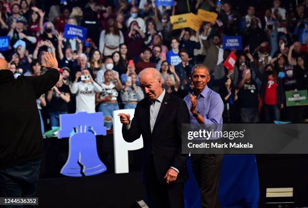 Pennsylvania Democratic Senate nominee John Fetterman, President Joe Biden, and former U.S. President Barack Obama depart a rally with Democratic...