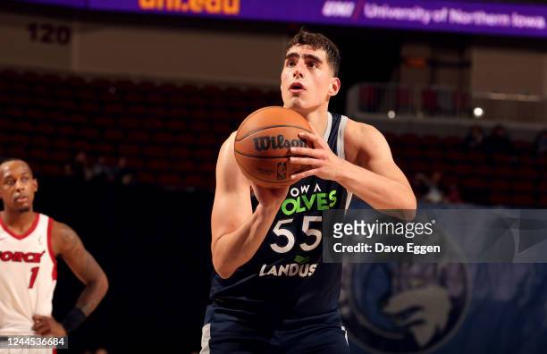 Luka Garza of the Iowa Wolves shoots a free throw against the Sioux Falls Skyforce at the Wells Fargo Arena on November 5, 2022 in Des Moines, Iowa....