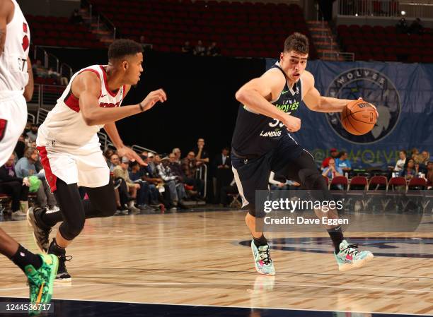 Luka Garza of the Iowa Wolves drives to the basket against the Sioux Falls Skyforce at the Wells Fargo Arena on November 5, 2022 in Des Moines, Iowa....