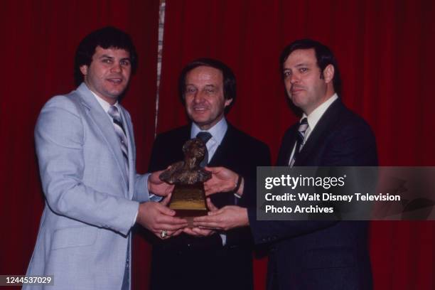 Mike Eruzione with his award, Jim McKay, Jim Spence appearing on the ABC Sports tv special 'Sportsman of the Year'.