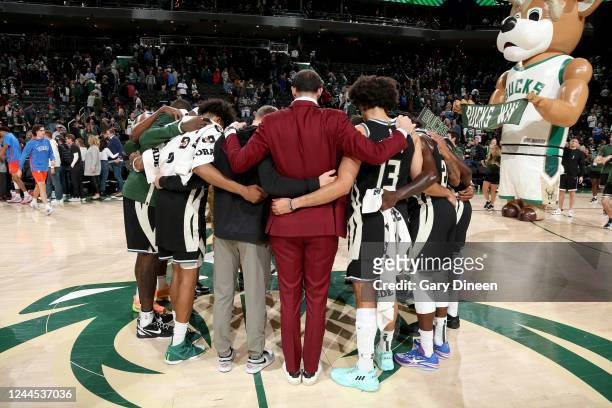 Milwaukee Bucks huddle up at mid court after the game against the Oklahoma City Thunder on November 5, 2022 at the Fiserv Forum Center in Milwaukee,...