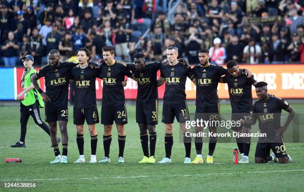 Los Angeles FC players look on in the penalty shootout against Philadelphia Union during the 2022 MLS Cup Final at Banc of California Stadium on...