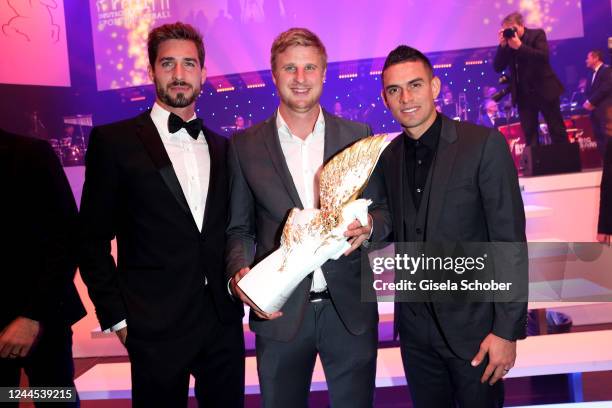 Frankfurt soccer team Kevin Trapp, Martin Hinteregger, Rafael Borre with Pegasos award during the annual German Sports Media Ball at Alte Oper on...