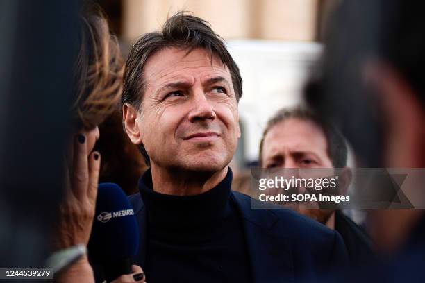 Giuseppe Conte, 5-Star Movement leader, talks to the press during the national demonstration for peace organized by Italian civil society...