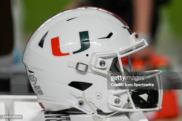 Miami Hurricanes helmet rests on the sidelines during the game between the Florida State Seminoles and the Miami Hurricanes on Saturday, November 5,...