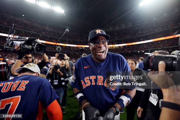 Manager Dusty Baker of the Houston Astros celebrates on the field after the Astros defeated the Philadelphia Phillies in Game 6 to clinch the 2022...