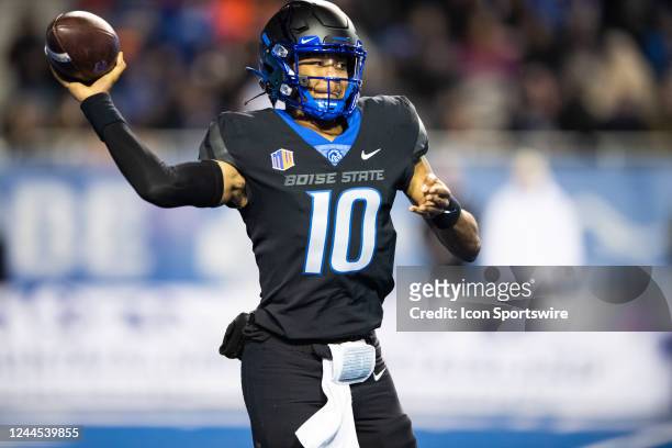 Boise State Broncos quarterback Taylen Green looks to throw a pass during a college football game between the Brigham Young Cougars and the Boise...