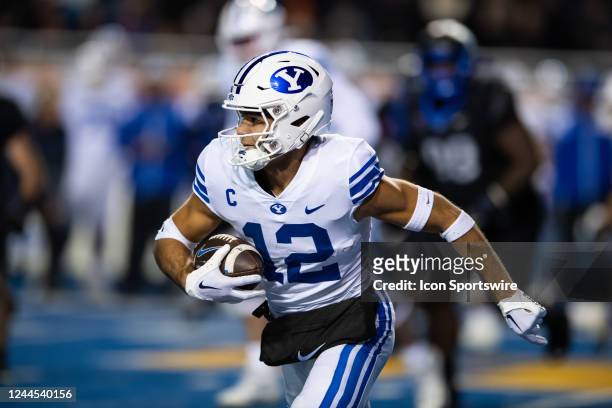 Brigham Young Cougars wide receiver Puka Nacua rushes with the football during a college football game between the Brigham Young Cougars and the...