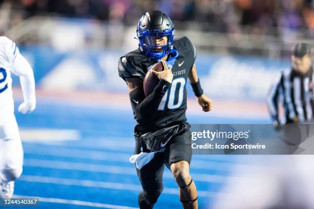 Boise State Broncos quarterback Taylen Green rushes with the football during a college football game between the Brigham Young Cougars and the Boise...