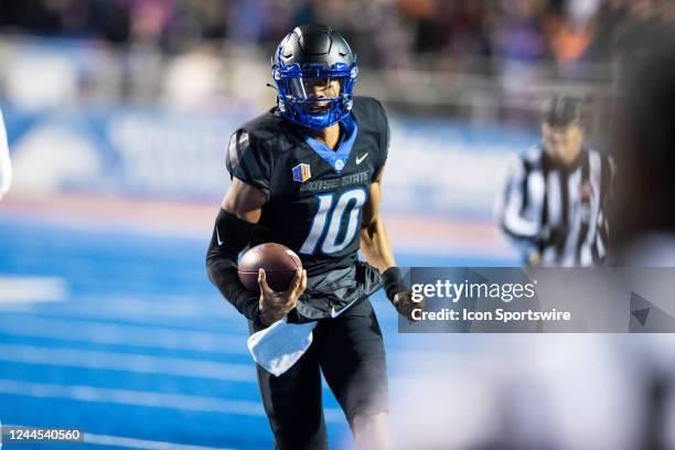 Boise State Broncos quarterback Taylen Green rushes with the football during a college football game between the Brigham Young Cougars and the Boise...