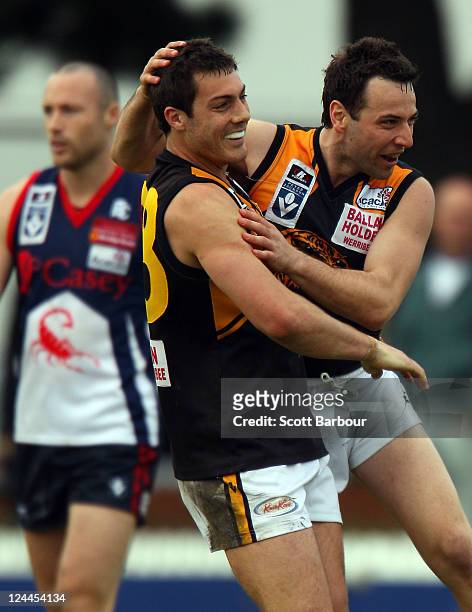 Ben McKinley of the Tigers celebrates after kicking a goal during the VFL Semi Final match between the Casey Scorpions and the Werribee Tigers at...