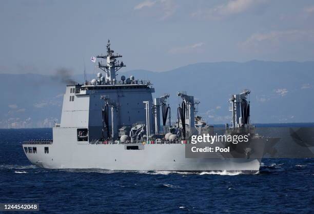 The Republic of Korea Navy ship ROKS Soyang participates in an International Fleet Review commemorating the 70th anniversary of the founding of the...