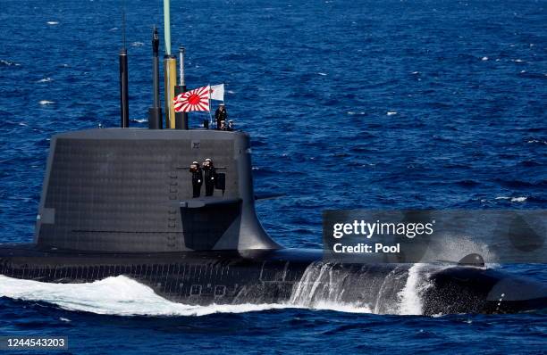 The Japan Maritime Self-Defence Force Uzushio-class submarine participates in an International Fleet Review commemorating the 70th anniversary of the...