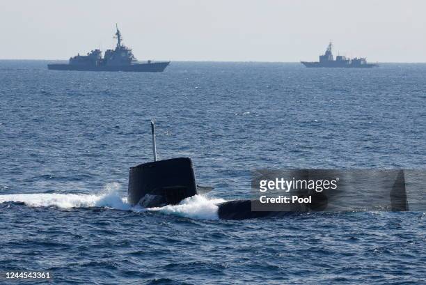 The Japan Maritime Self-Defence Force Uzushio-class submarine participates in an International Fleet Review commemorating the 70th anniversary of the...
