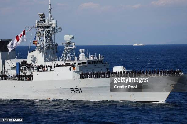 The Royal Canadian Navy's Halifax-class frigate HMCS Vancouver participates in an International Fleet Review commemorating the 70th anniversary of...