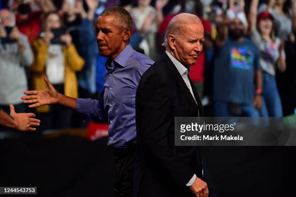 President Joe Biden and former U.S. President Barack Obama greet Democratic Senate nominee John Fetterman and Democratic gubernatorial nominee Josh...