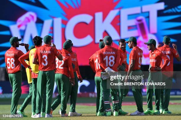 Bangladesh's players celebrate the wicket of Pakistan's Mohammad Nawaz during the ICC men's Twenty20 World Cup 2022 cricket match between Pakistan...