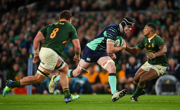 Dublin , Ireland - 5 November 2022; James Ryan of Ireland in action against Jasper Wiese, left, and Damian Willemse of South Africa during the Bank of Ireland Nations Series match between Ireland and South Africa at the Aviva Stadium in Dublin. (Photo By Seb Daly/Sportsfile via Getty Images)