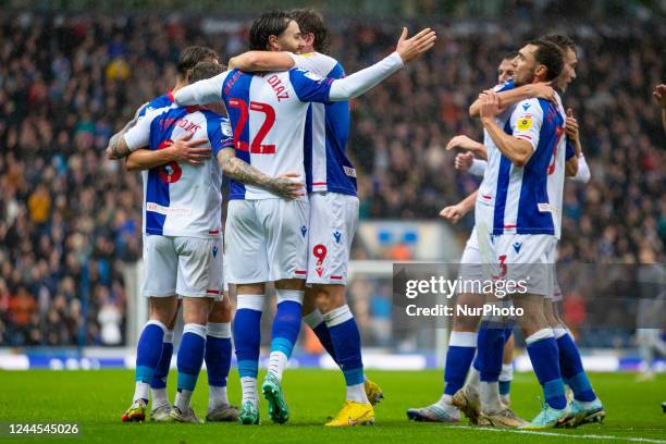 Goal 1-0 Ben Brereton Díaz of Blackburn Rovers celebrates his goal with team-mates during the Sky Bet Championship match between Blackburn Rovers and...