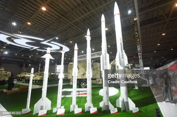 People view the Tian Long series of air defense missiles displayed at the weapons hall at the upcoming Airshow China 2022 in Zhuhai, Guangdong...