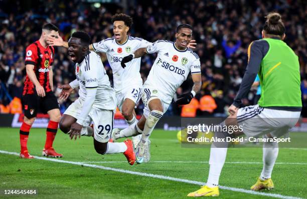 Leeds United's Crysencio Summerville celebrates scoring his side's fourth goal during the Premier League match between Leeds United and AFC...