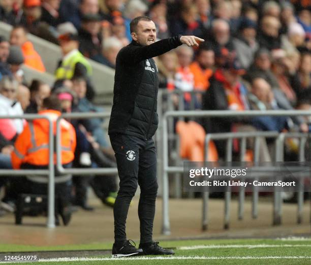 Luton Town manager Nathan Jones shouts instructions to his team from the technical area during the Sky Bet Championship between Blackpool and Luton...