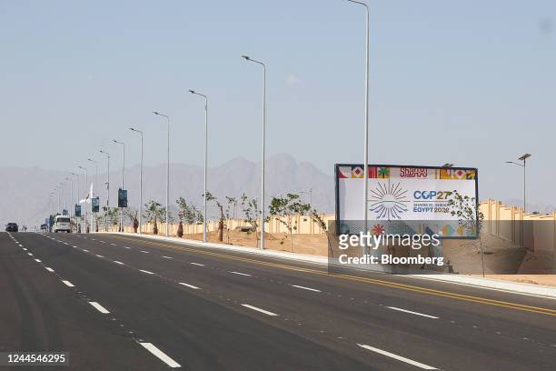 An advertisement for the COP27 climate conference on a highway in Sharm El-Sheikh, Egypt, on Sunday, Nov. 6, 2022. Disagreements over who should...