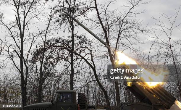 Howitzer, belonging to Ukrainian artillery battery attached to the 59th Mechanized Brigade, is seen before shooting-off to target the points...