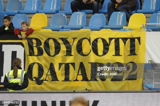 Banner Boycott World Cup Qatar 2022 during the Dutch Eredivisie match between Vitesse and Sparta Rotterdam at the Gelredome on November 5, 2022 in...